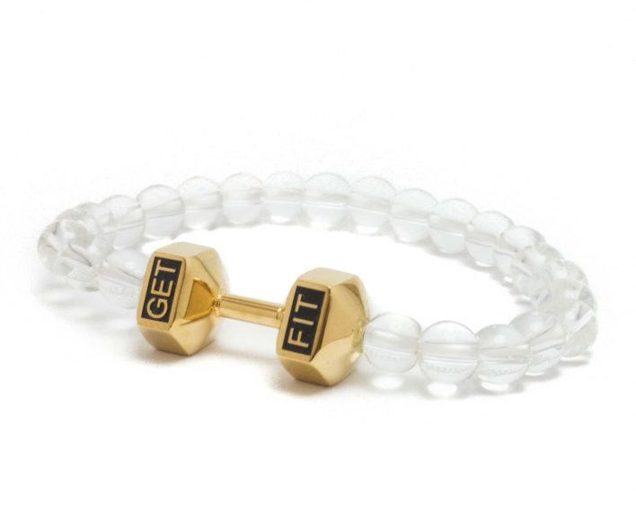 gold dumbbell bracelet with white beads