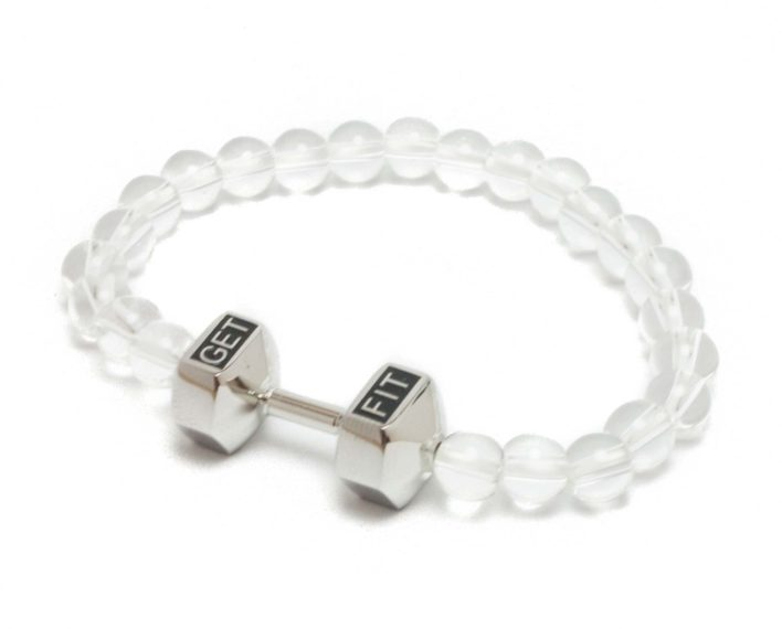 silver dumbbell bracelet with white beads